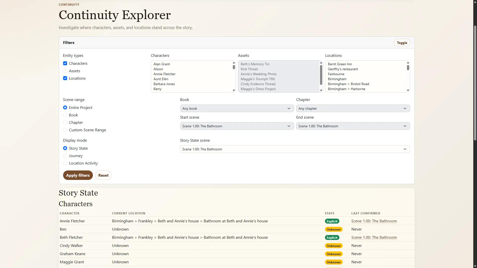 PlotDirector Continuity Explorer showing readable story state across a landscape timeline.