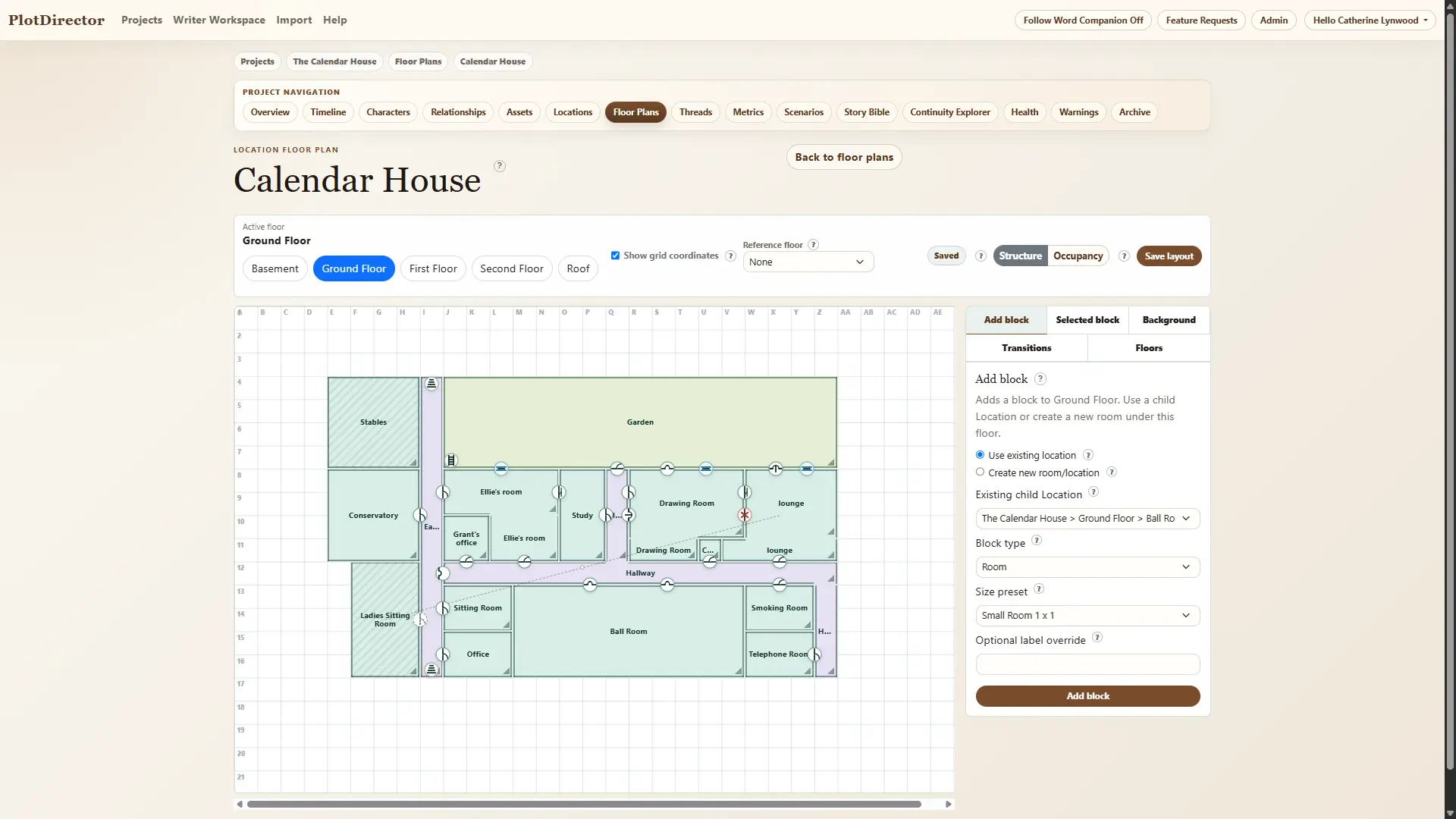 PlotDirector floor plan editor showing rooms, transitions and occupancy.