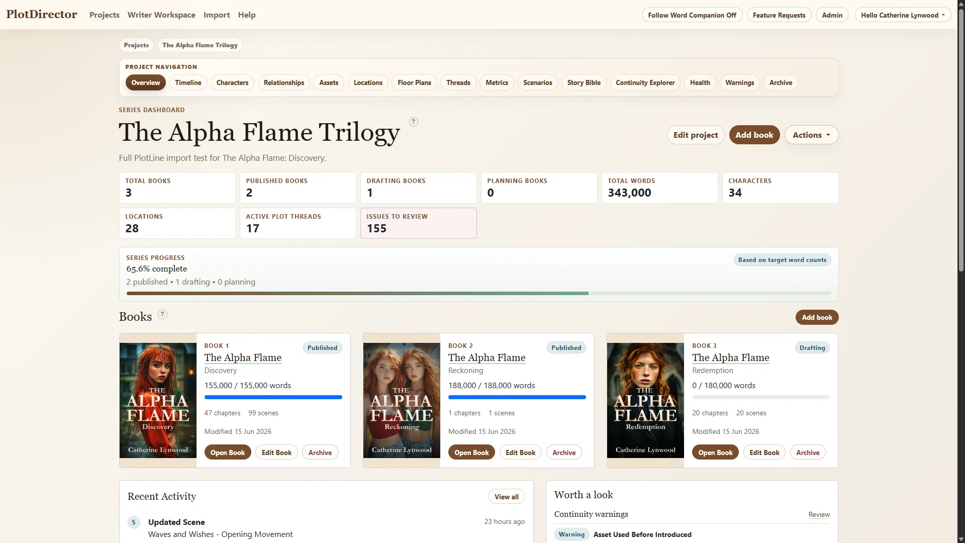 PlotDirector project dashboard showing books, progress and story status.