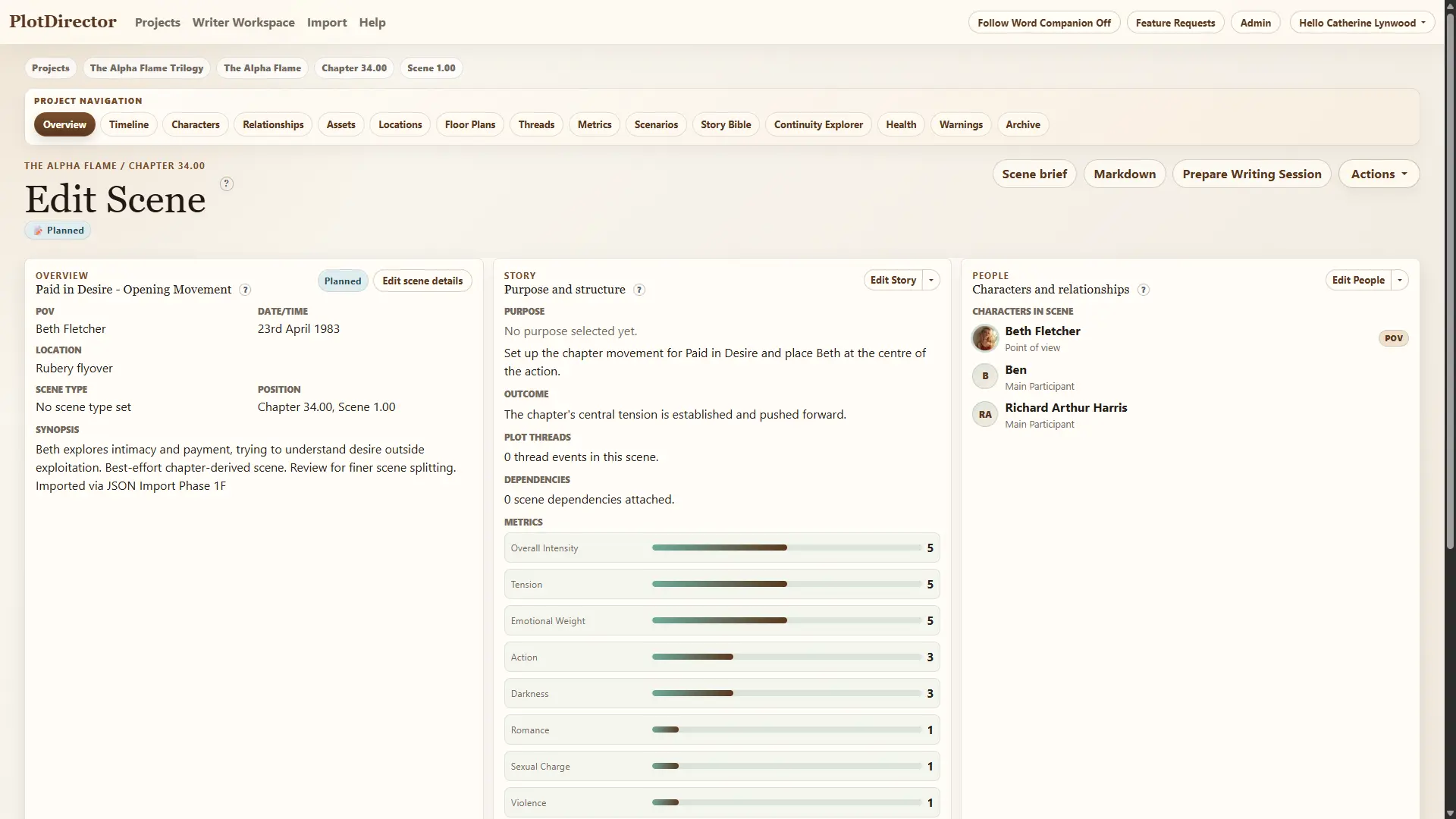 PlotDirector Scene Inspector summary view with scene details, people, world and continuity.