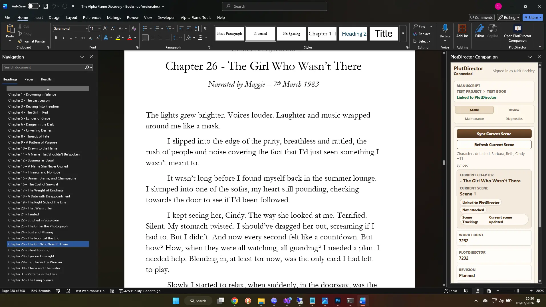 Microsoft Word document with the PlotDirector Companion pane connected to story planning data.